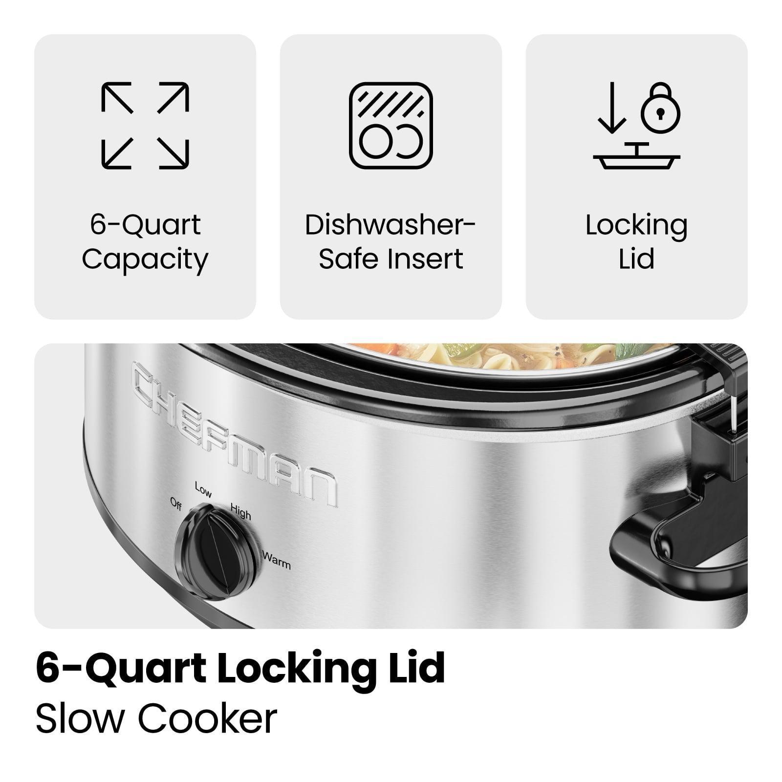 Chefman 6 Qt. Slow Cooker - Locking Lid, Stainless Steel - ClubOn
