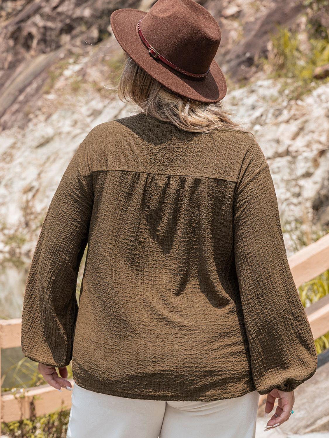 Plus Size Tie Neck Long Sleeve Blouse - ClubOn