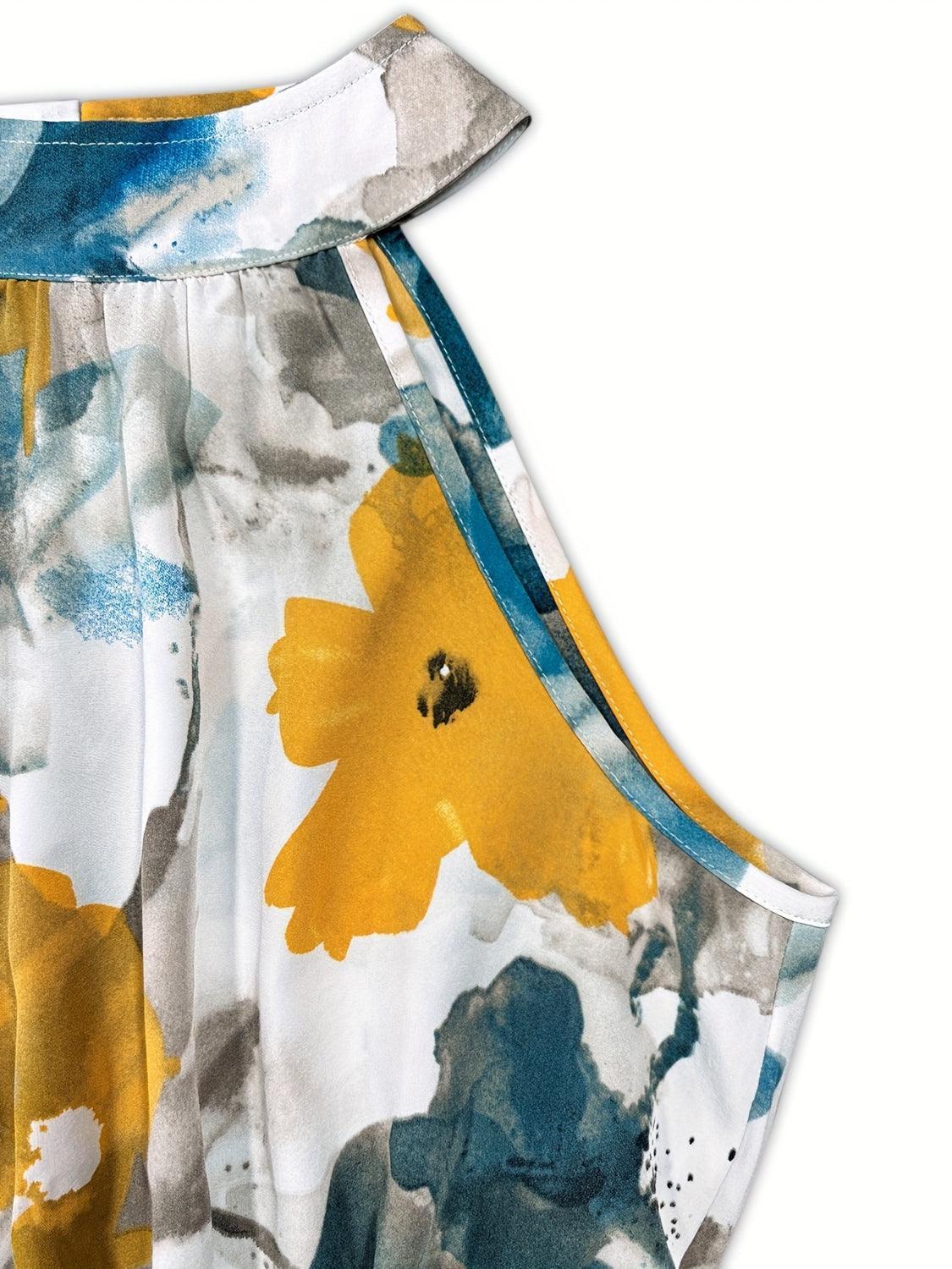 Tiered Printed Mock Neck Sleeveless Dress - ClubOn