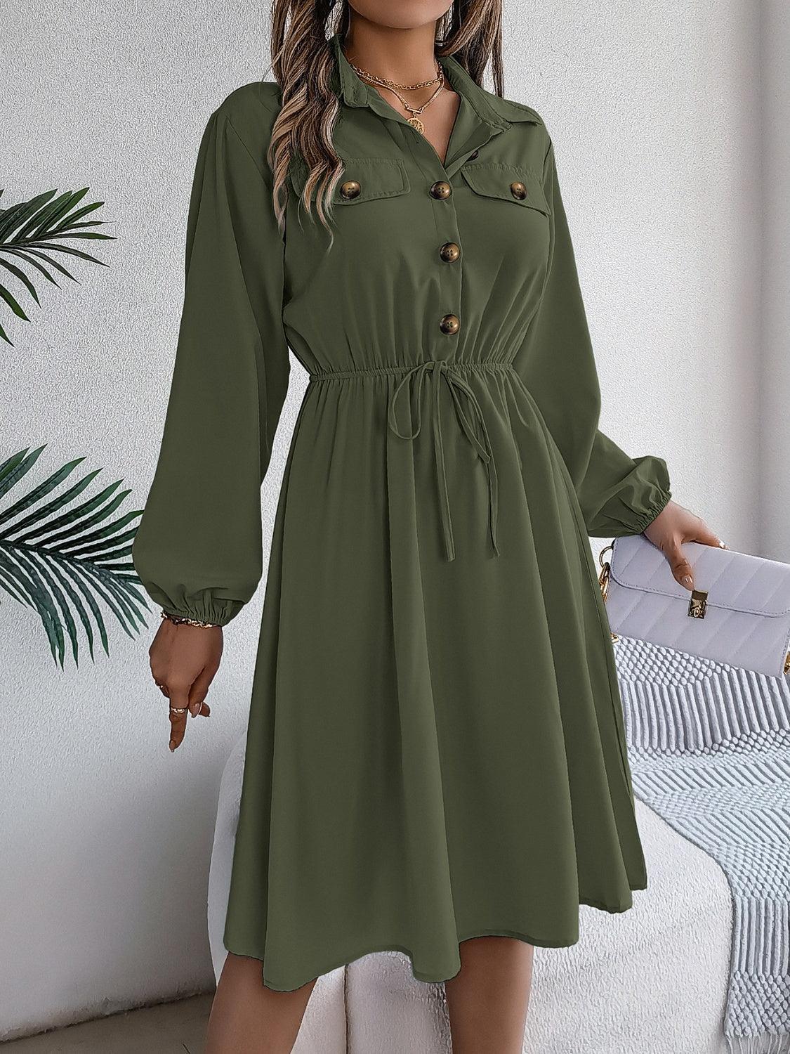 Collared Neck Long Sleeve Dress with Pockets - ClubOn
