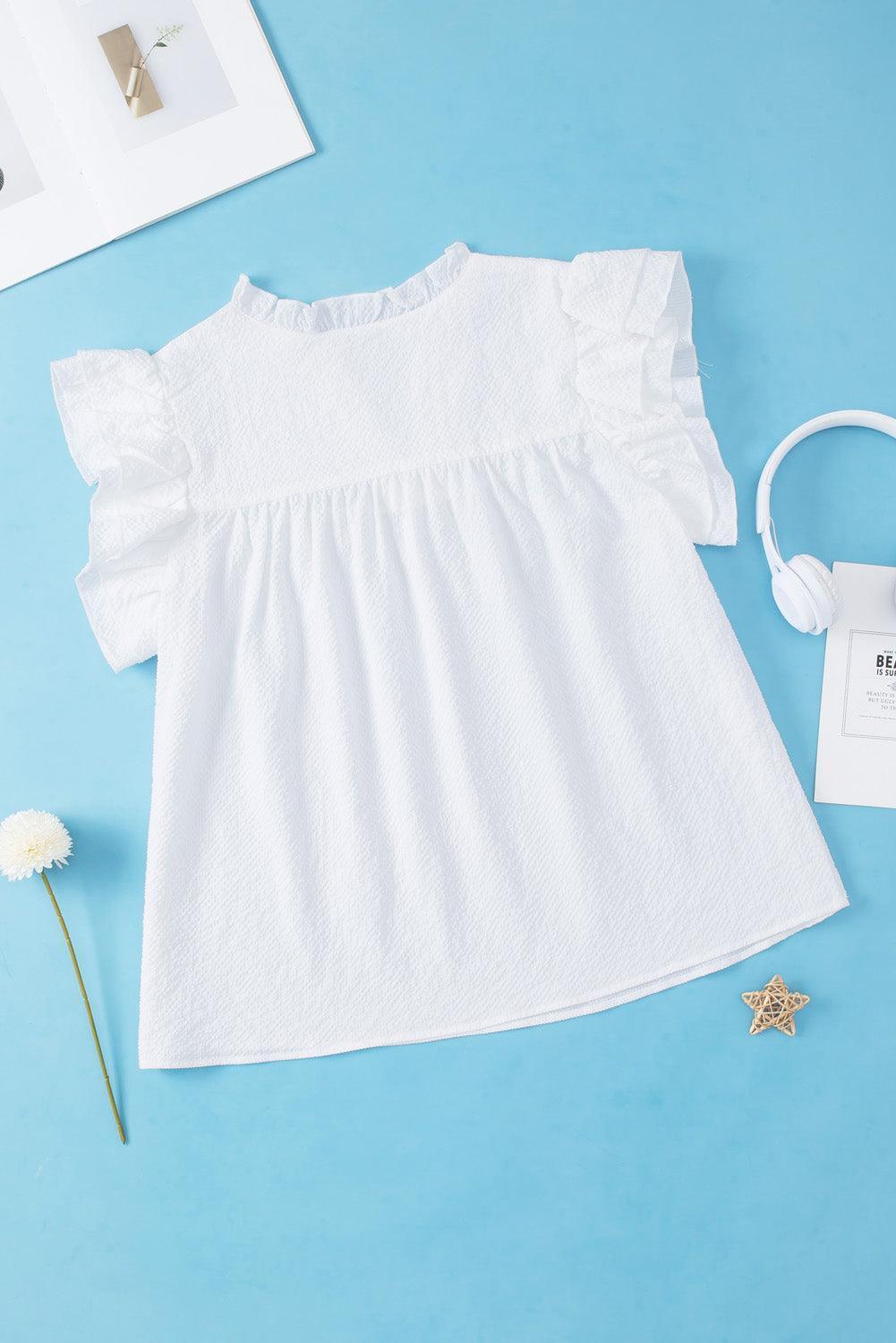 Plus Size Ruffled Notched Cap Sleeve Blouse - ClubOn