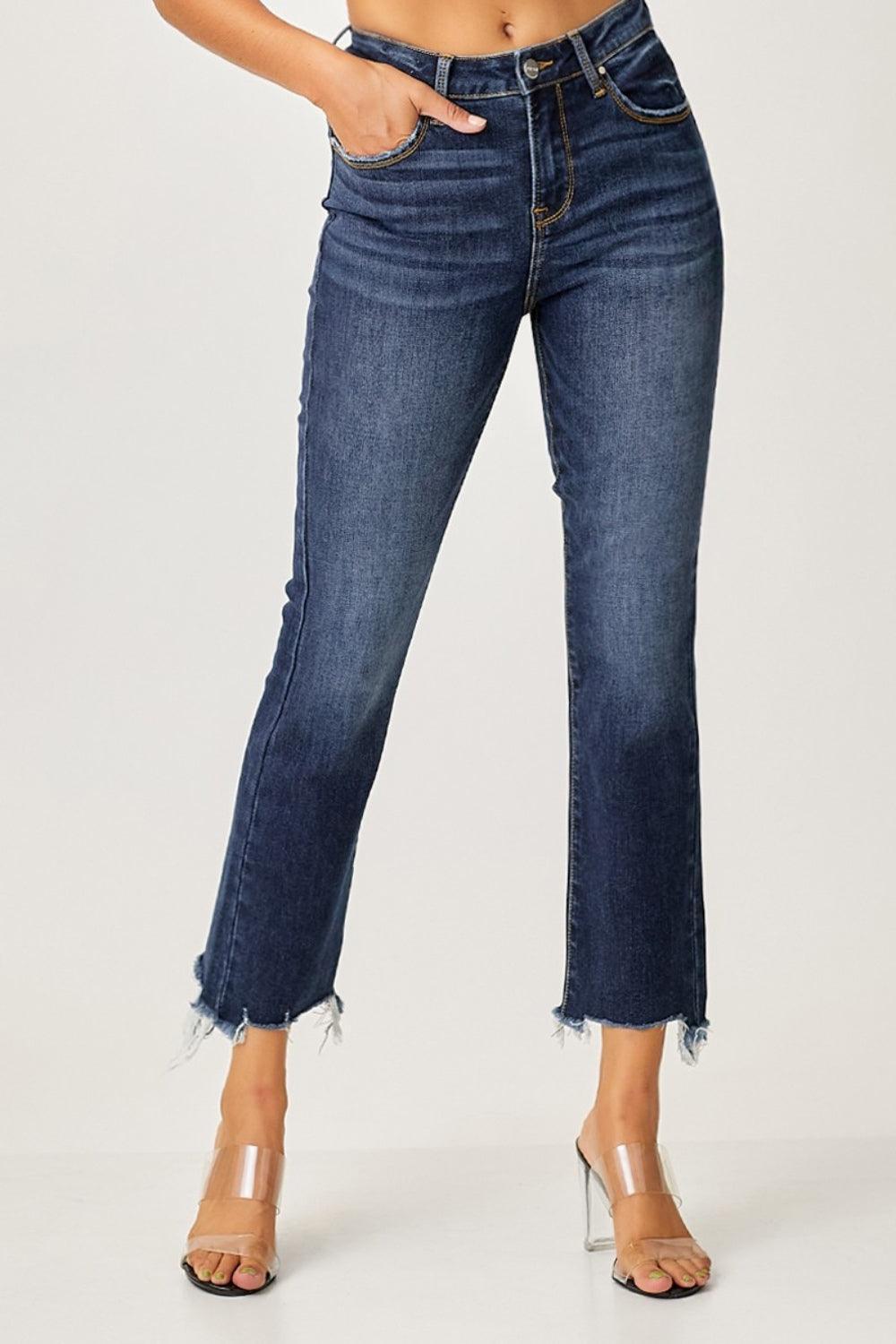 Risen Full Size Frayed Hem Cropped Straight Jeans - ClubOn