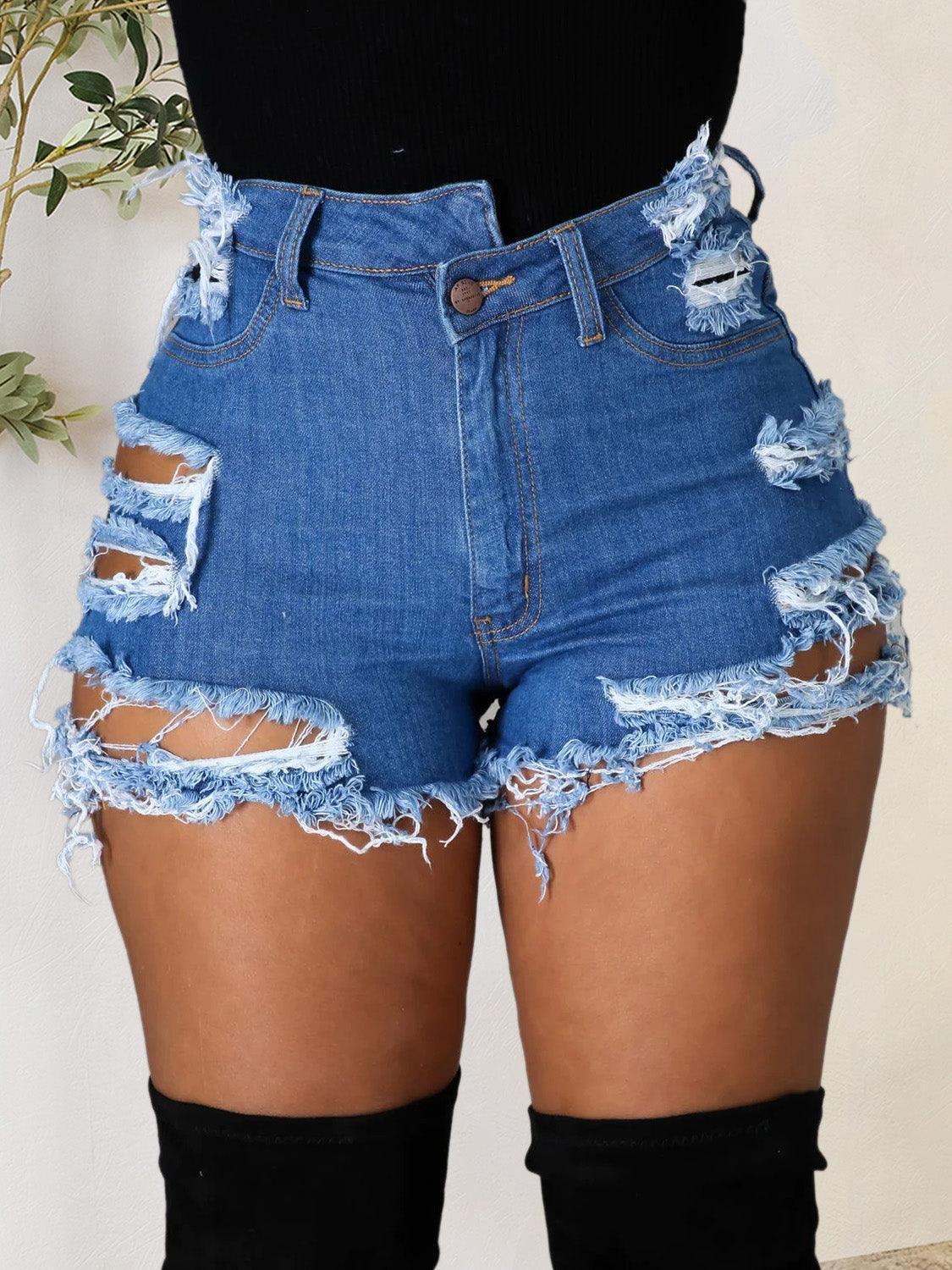Distressed Raw Hem Denim Shorts with Pockets - ClubOn