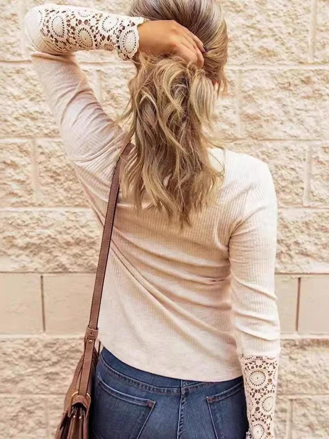 Lace Detail Half Button Round Neck Long Sleeve T-Shirt - ClubOn