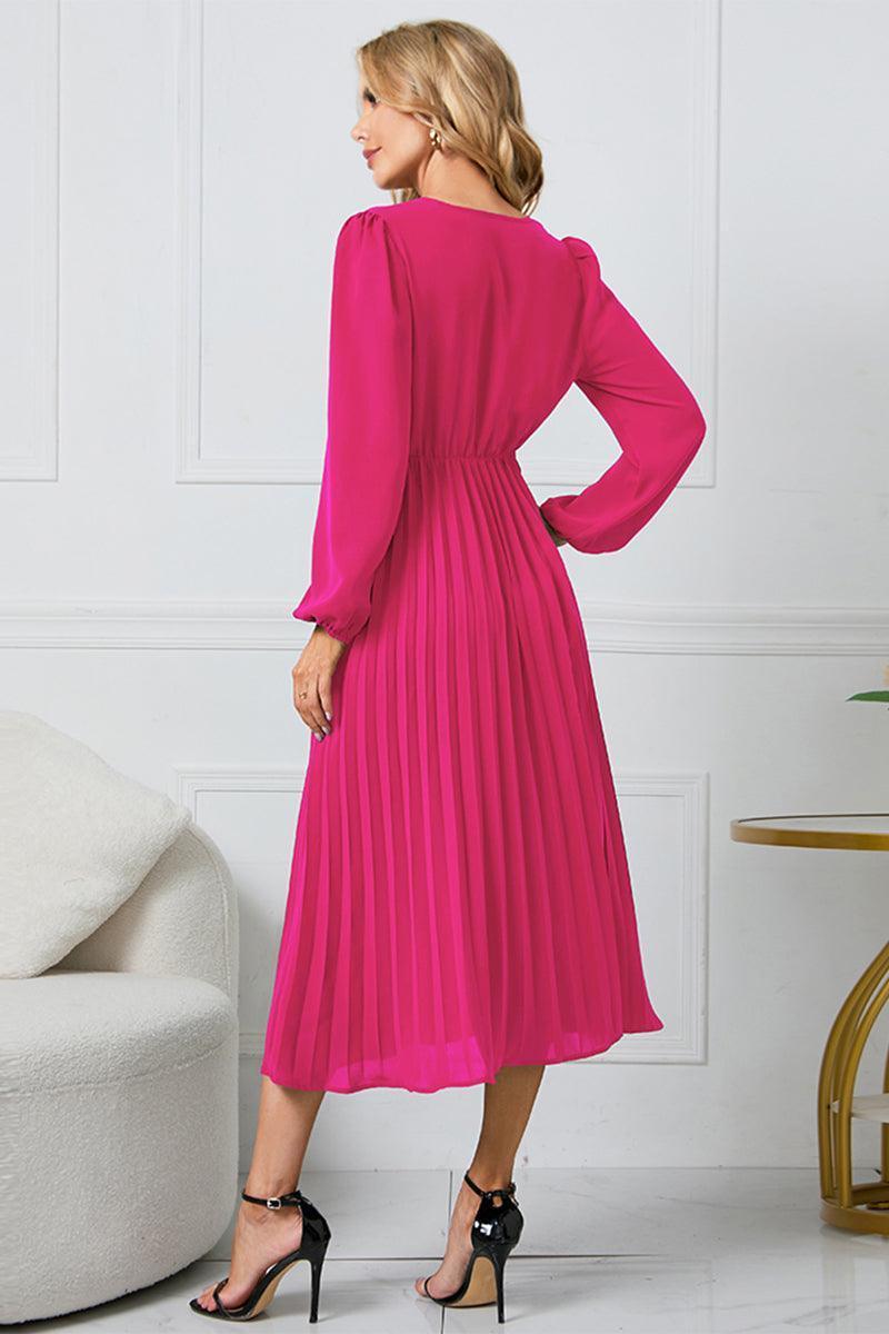 V-Neck Long Sleeve Tie Waist Midi Dress - ClubOn