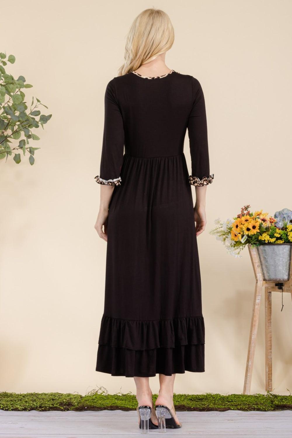 Celeste Full Size Leopard Ruffle Detail Midi Dress - ClubOn