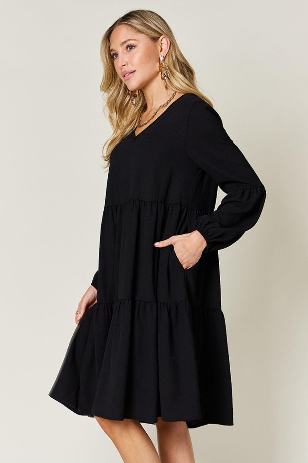 Double Take Full Size V-Neck Balloon Sleeve Tiered Dress with Pockets - ClubOn