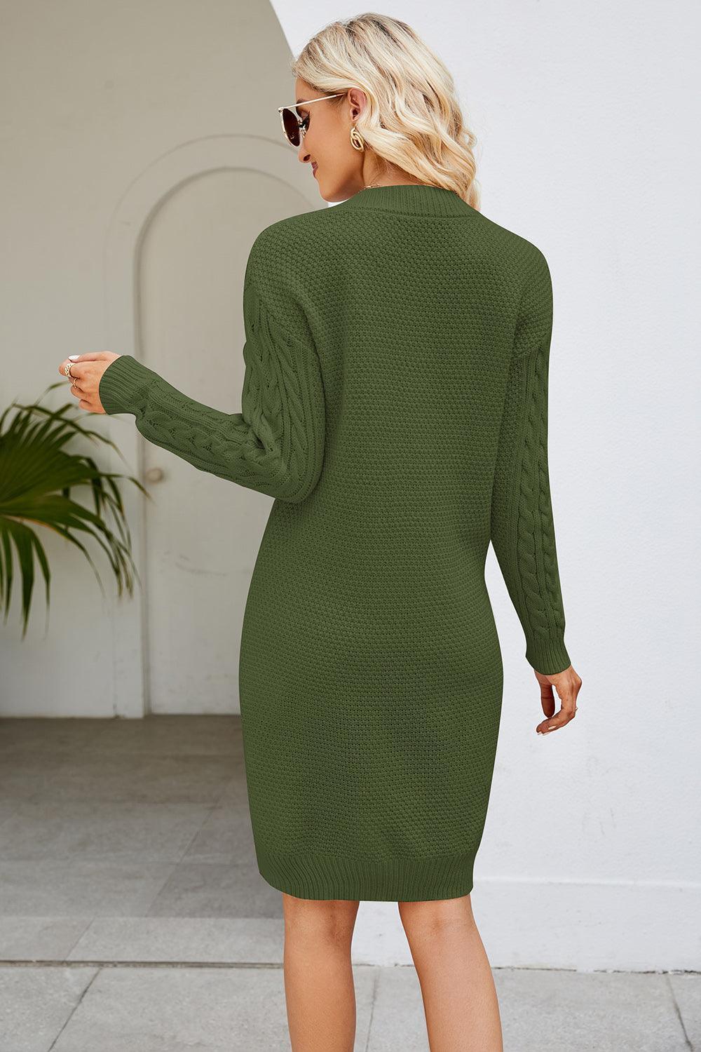 Cable-Knit Long Sleeve Sweater Dress - ClubOn