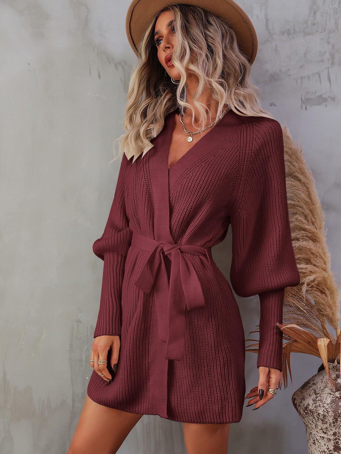 Belted Surplice Lantern Sleeve Wrap Sweater Dress - ClubOn