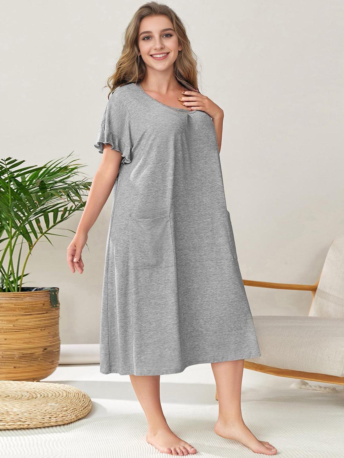 Plus Size Round Neck Short Sleeve Lounge Dress - ClubOn