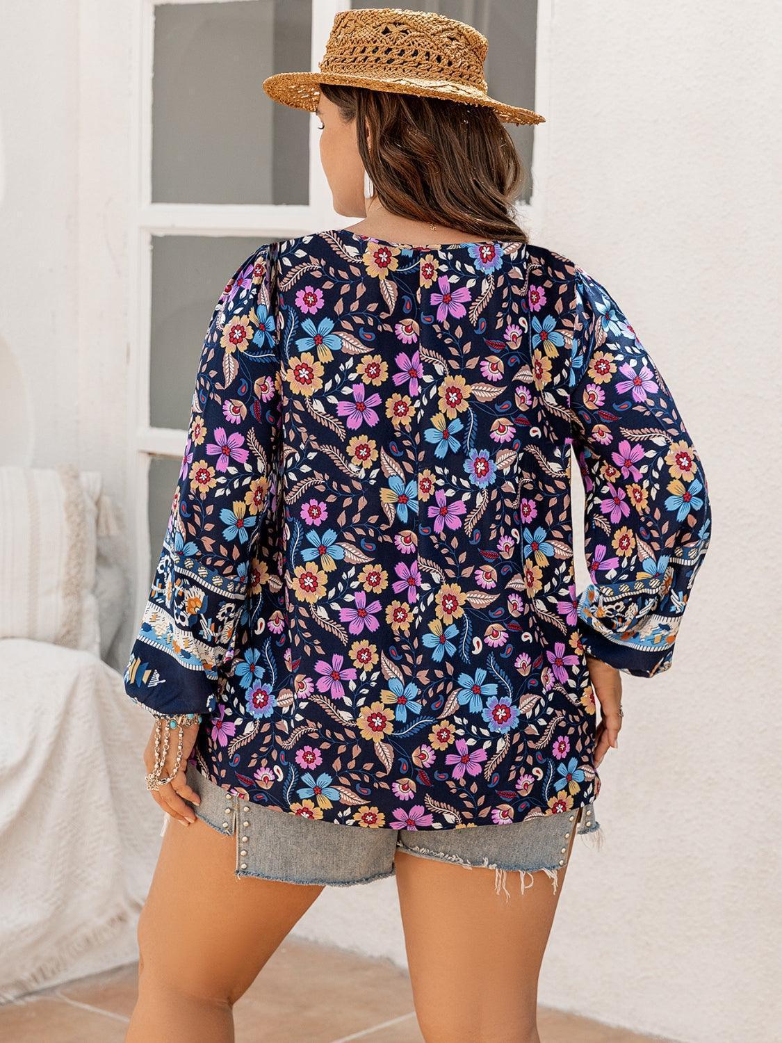 Plus Size Tie Neck Tassel Printed Blouse - ClubOn