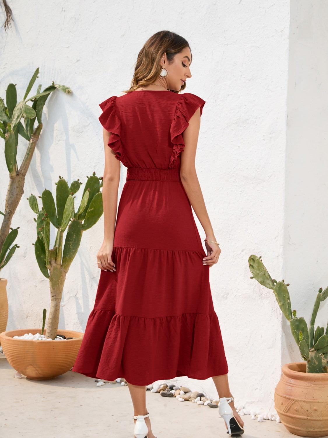 Tiered Ruffled V-Neck Cap Sleeve Dress - ClubOn
