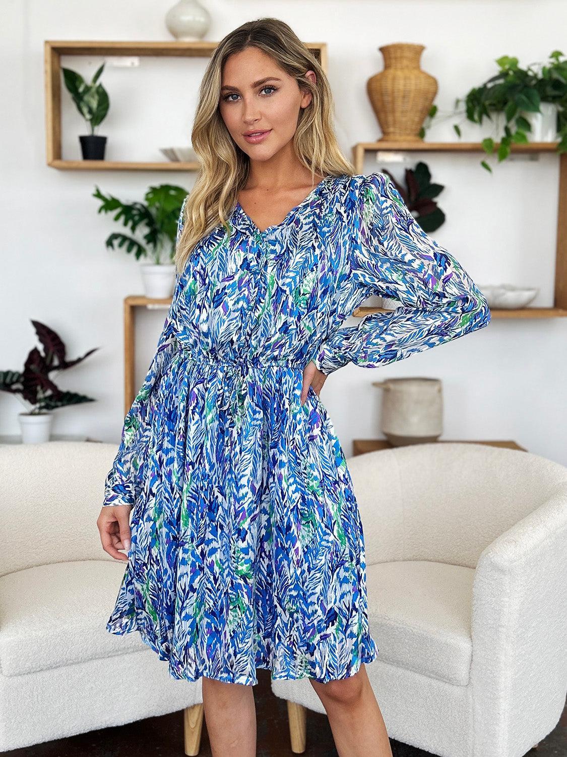Double Take Full Size Printed Drawstring Waist Long Sleeve Dress - ClubOn