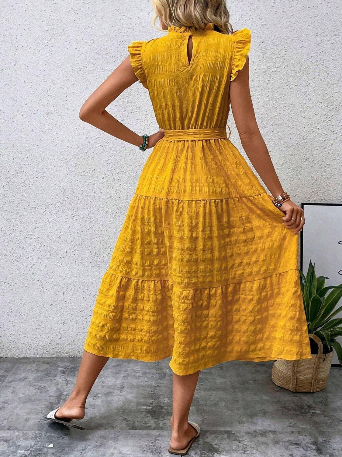 Tied Ruffled Cap Sleeve Midi Dress - ClubOn