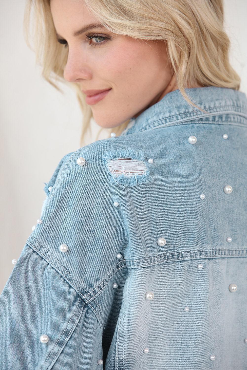Distressed Pearl Trim Button Up Denim Jacket - ClubOn