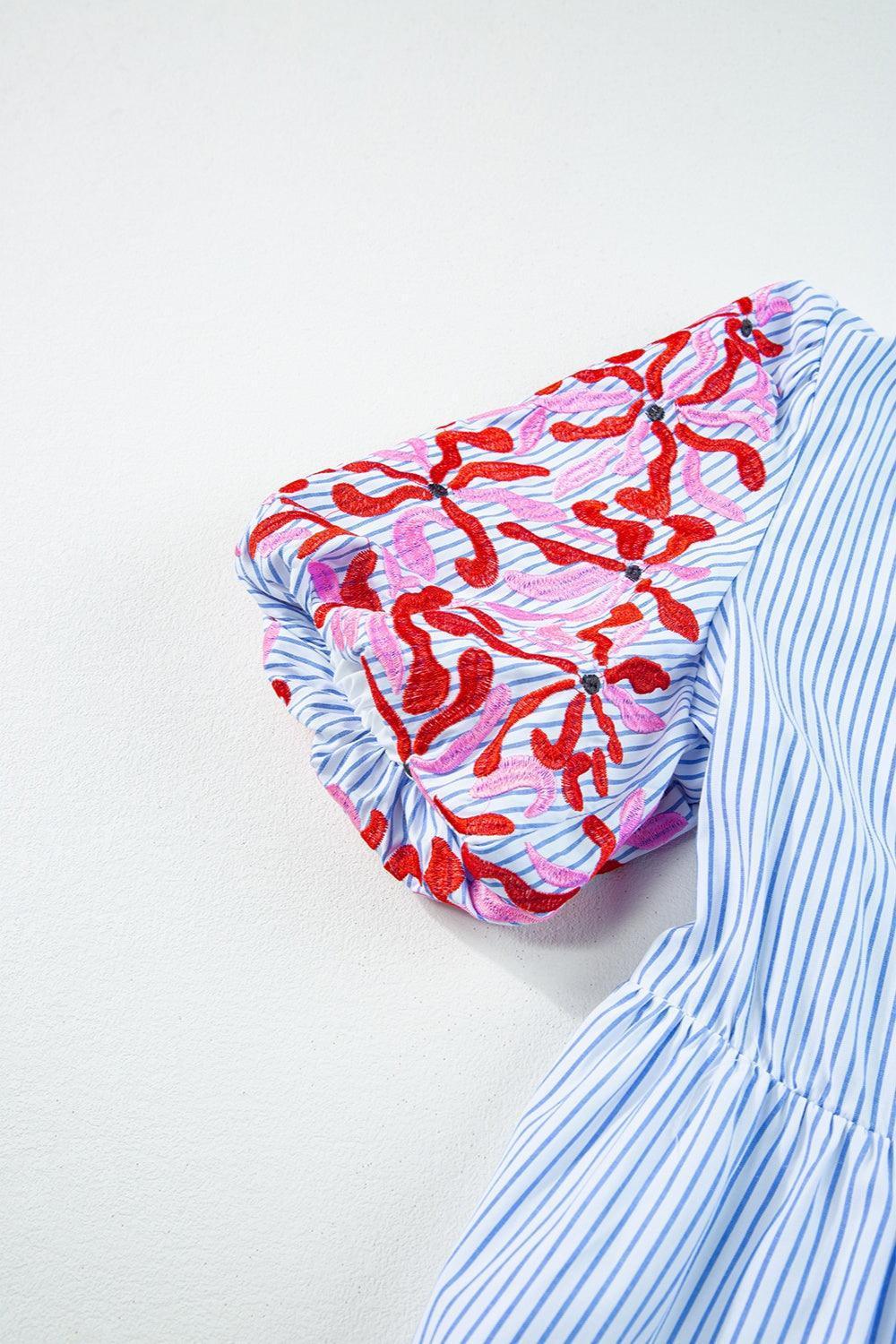 Embroidered Striped Notched Short Sleeve Dress - ClubOn