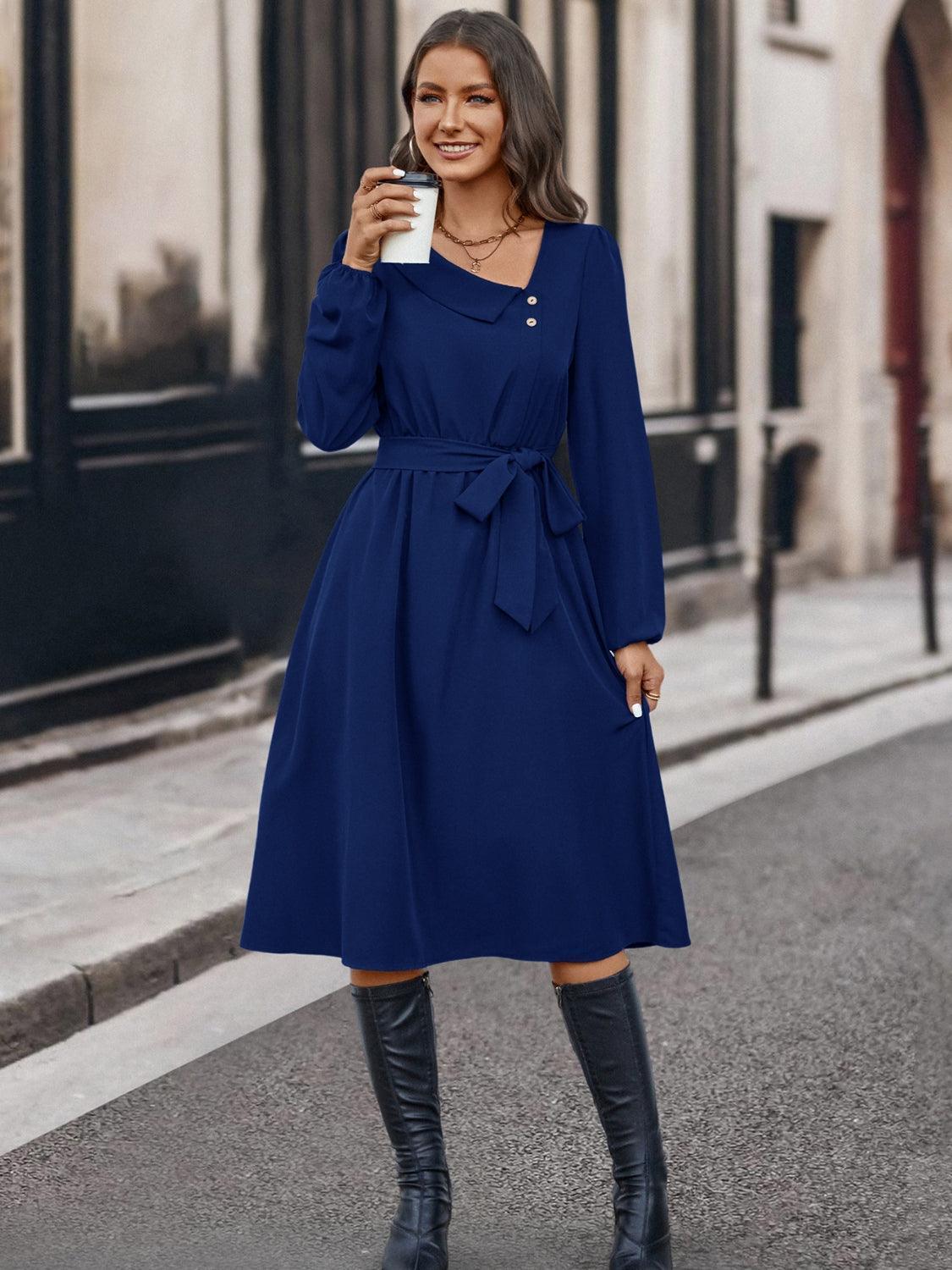 Buttoned Tie Front Long Sleeve Asymmetrical Neck Dress - ClubOn