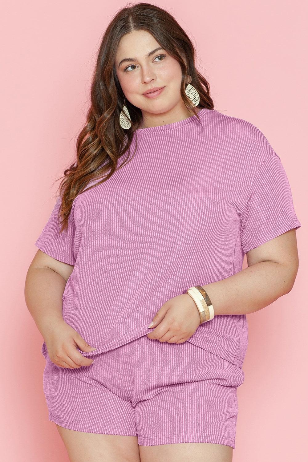 Plus Size Round Neck Short Sleeve Top and Shorts Set - ClubOn