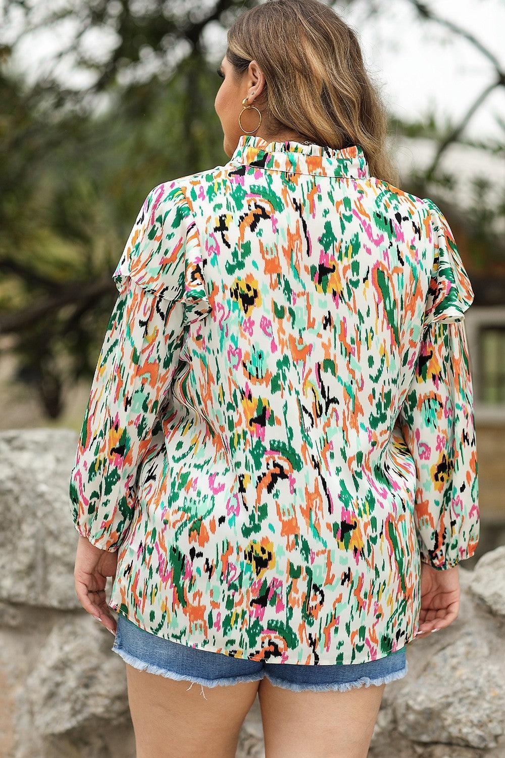 Plus Size Printed Ruffle Trim Long Sleeve Blouse - ClubOn
