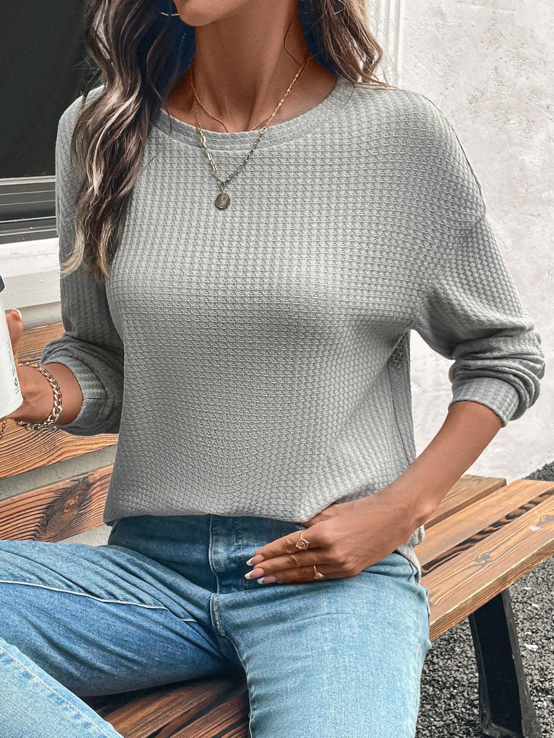Round Neck Dropped Shoulder Long Sleeve T-Shirt - ClubOn