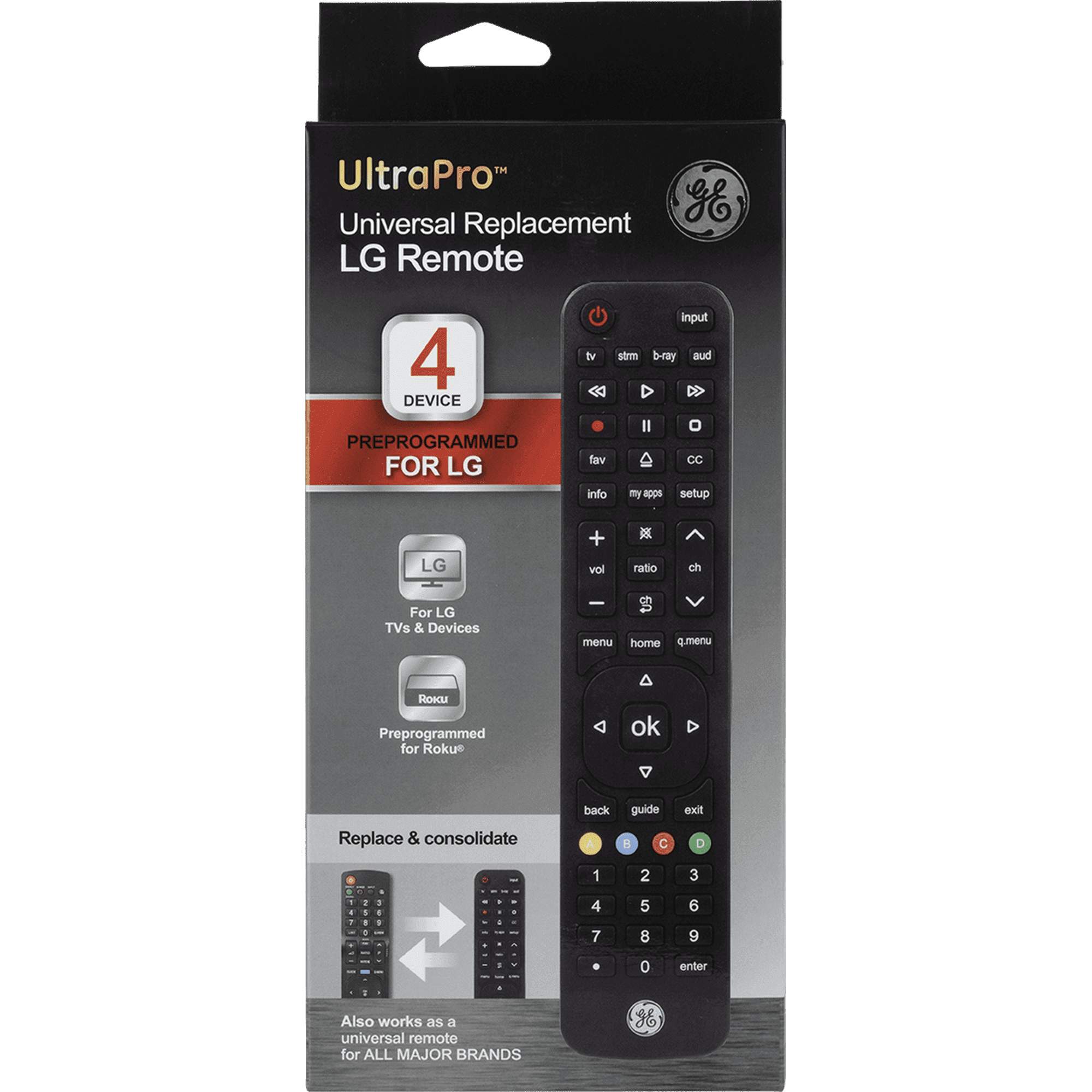 GE 4-Device LG Direct Replacement Universal TV Remote Control, Black, Model 57818 - ClubOn