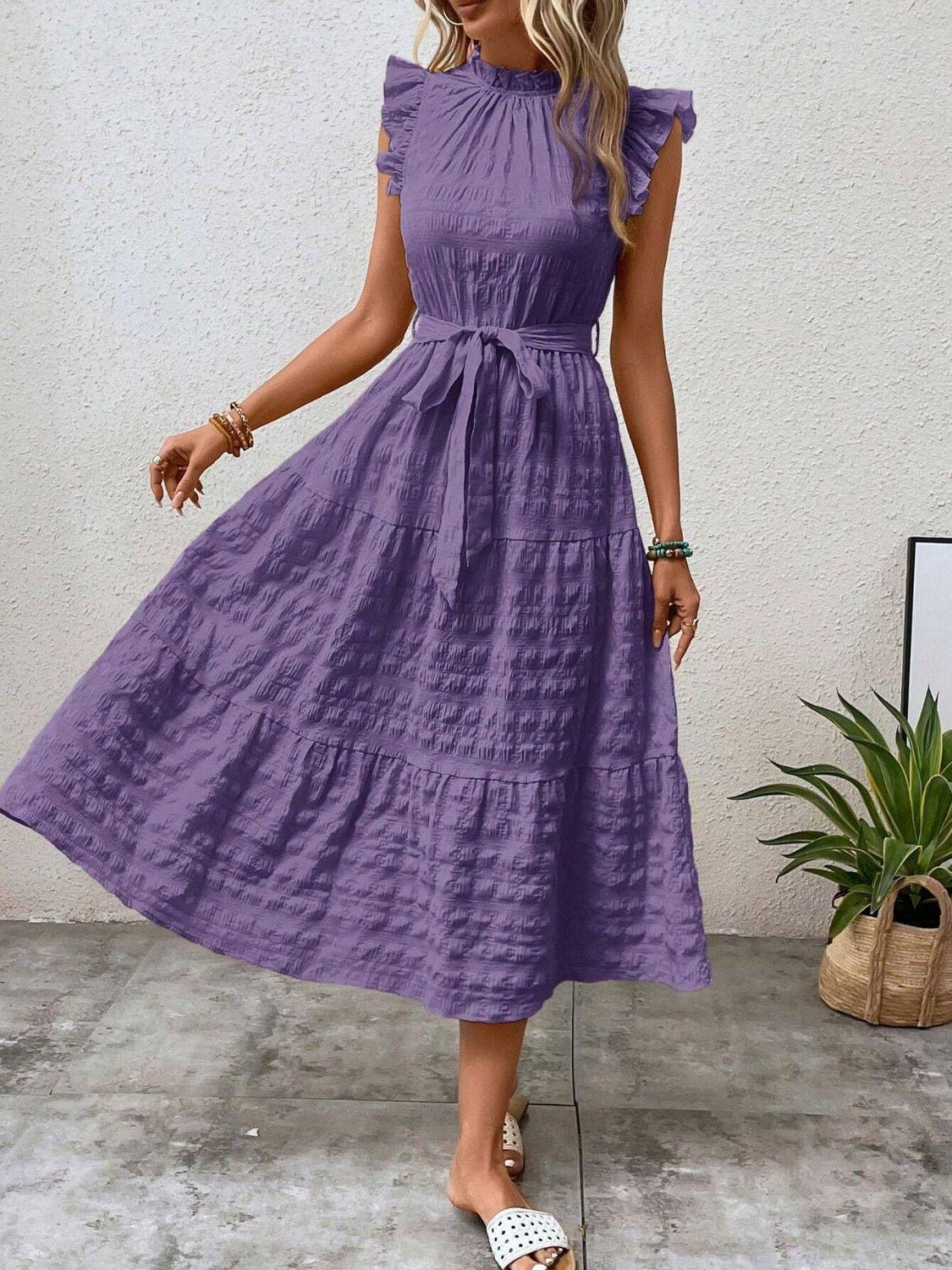Tied Ruffled Cap Sleeve Midi Dress - ClubOn