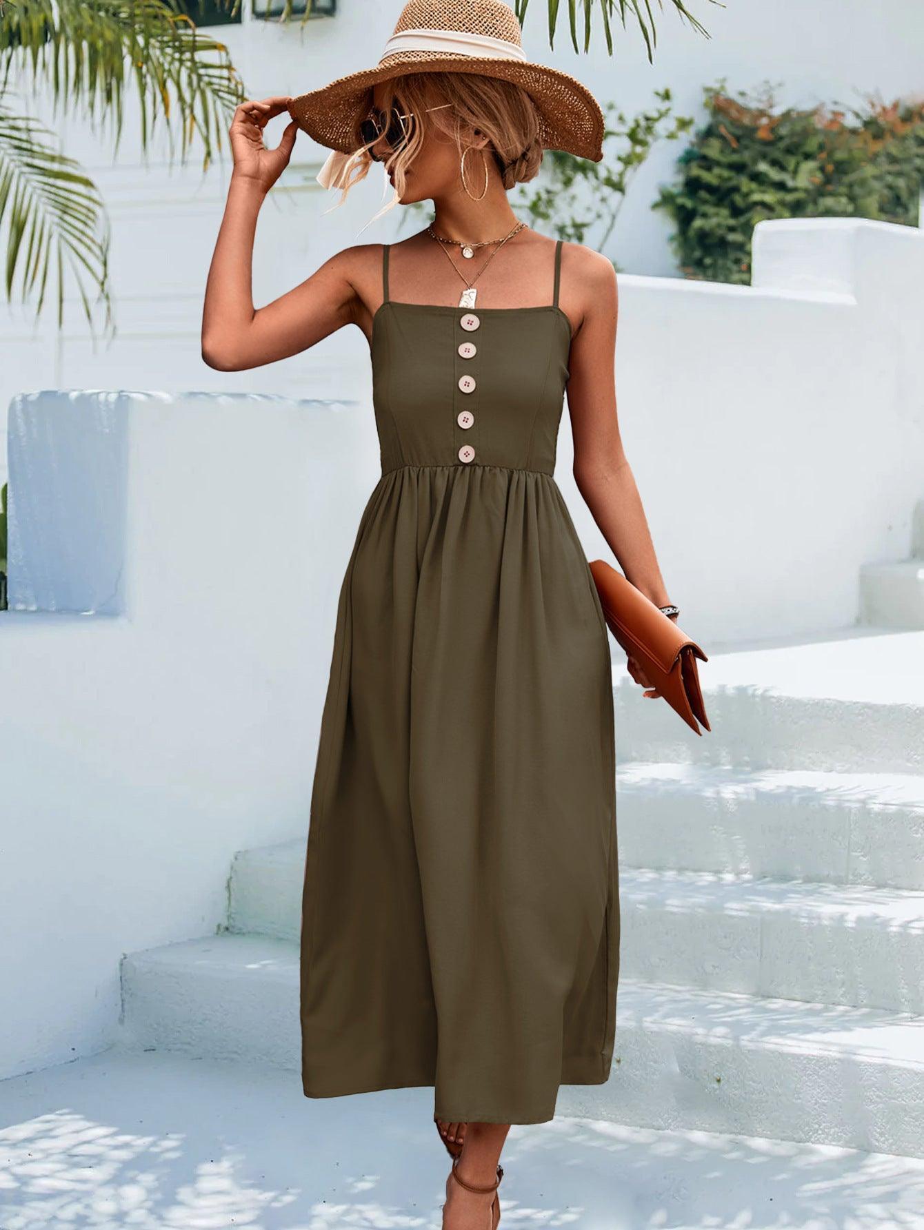 Decorative Button Spaghetti Strap Midi Dress - ClubOn