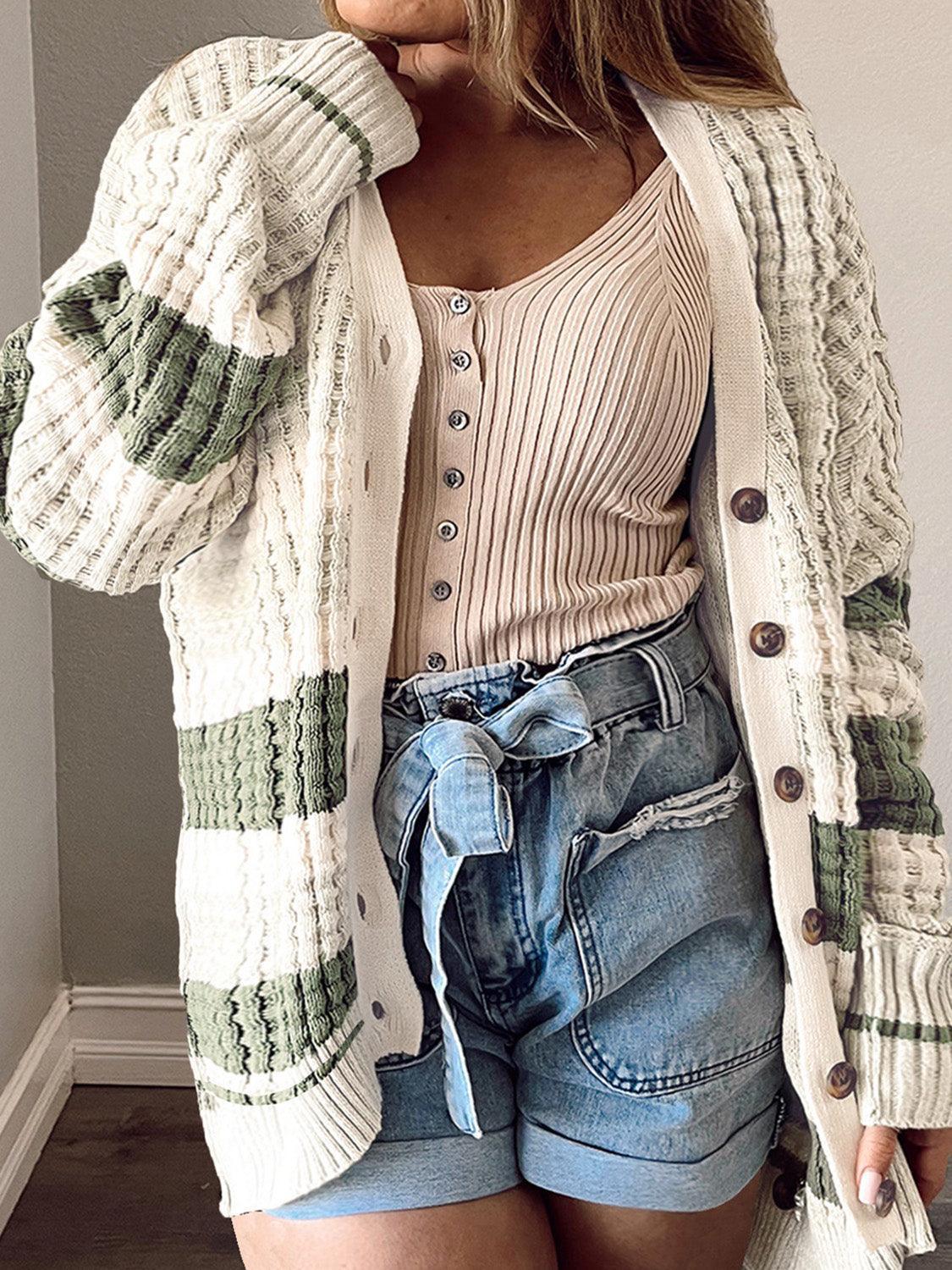 Plus Size Striped Button Up Dropped Shoulder Cardigan - ClubOn