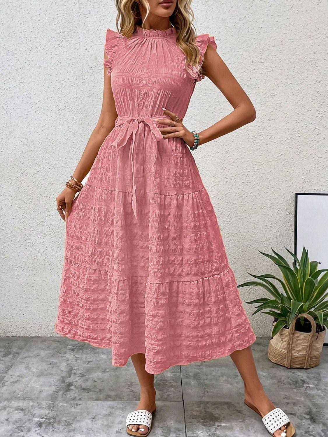Tied Ruffled Cap Sleeve Midi Dress - ClubOn