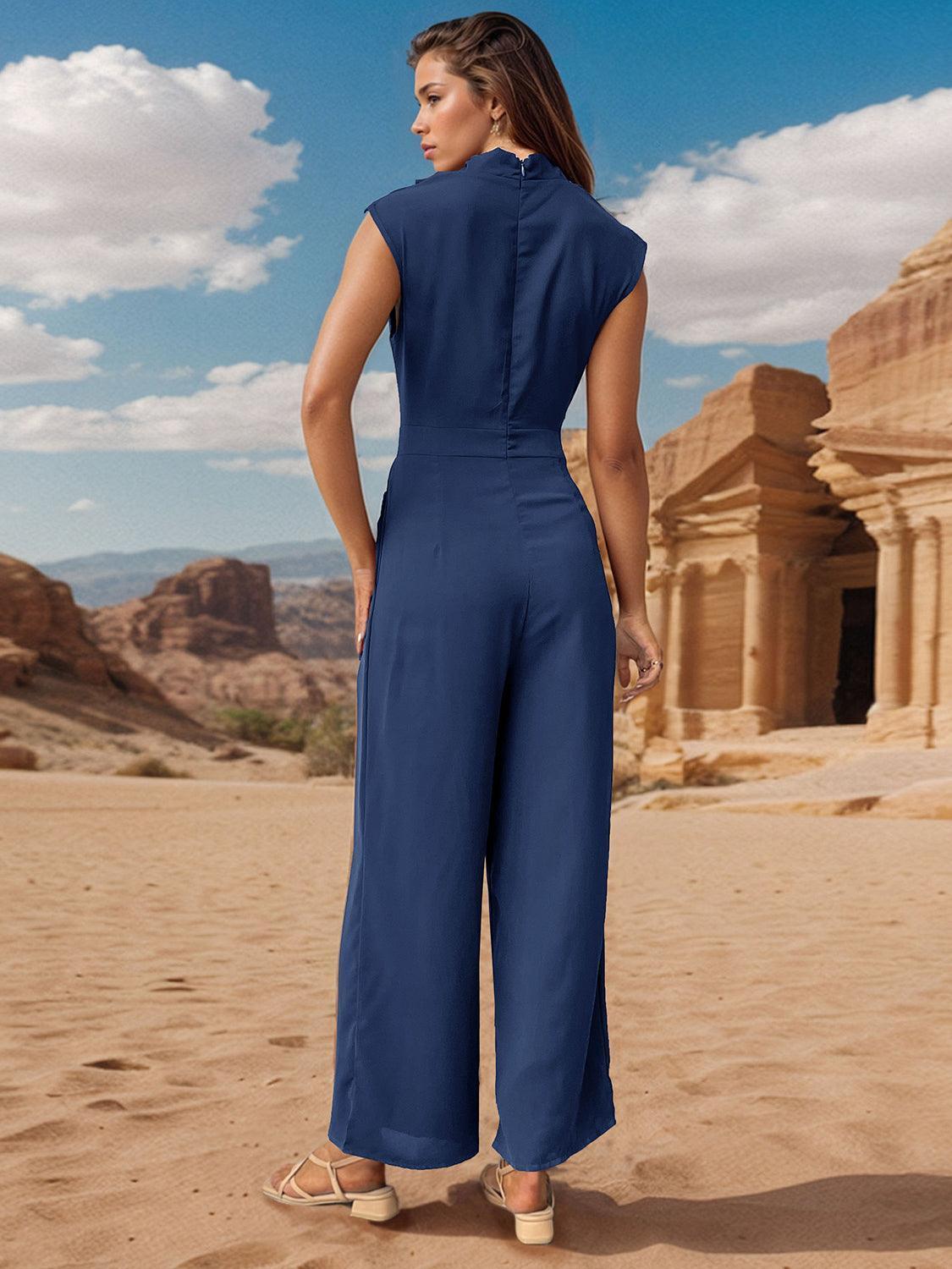 Perfee Ruched Mock Neck Sleeveless Jumpsuit - ClubOn