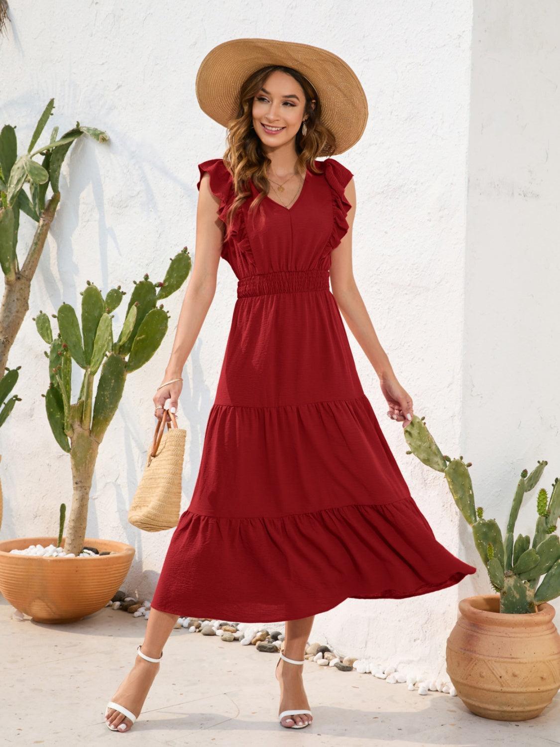 Tiered Ruffled V-Neck Cap Sleeve Dress - ClubOn