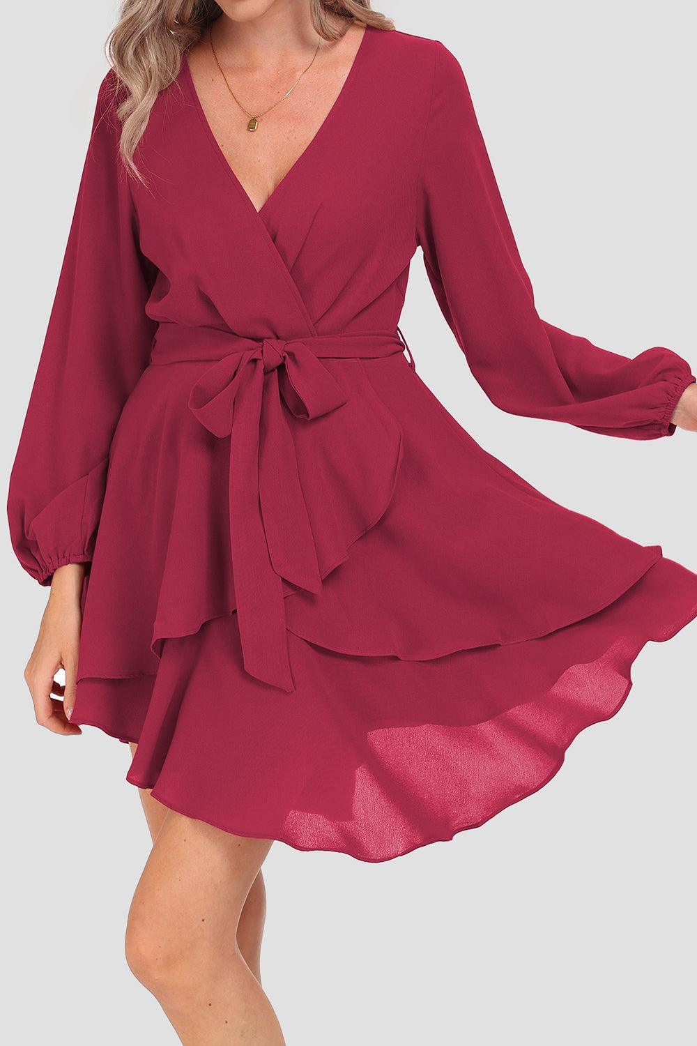 Tied Surplice Balloon Sleeve Layered Dress - ClubOn