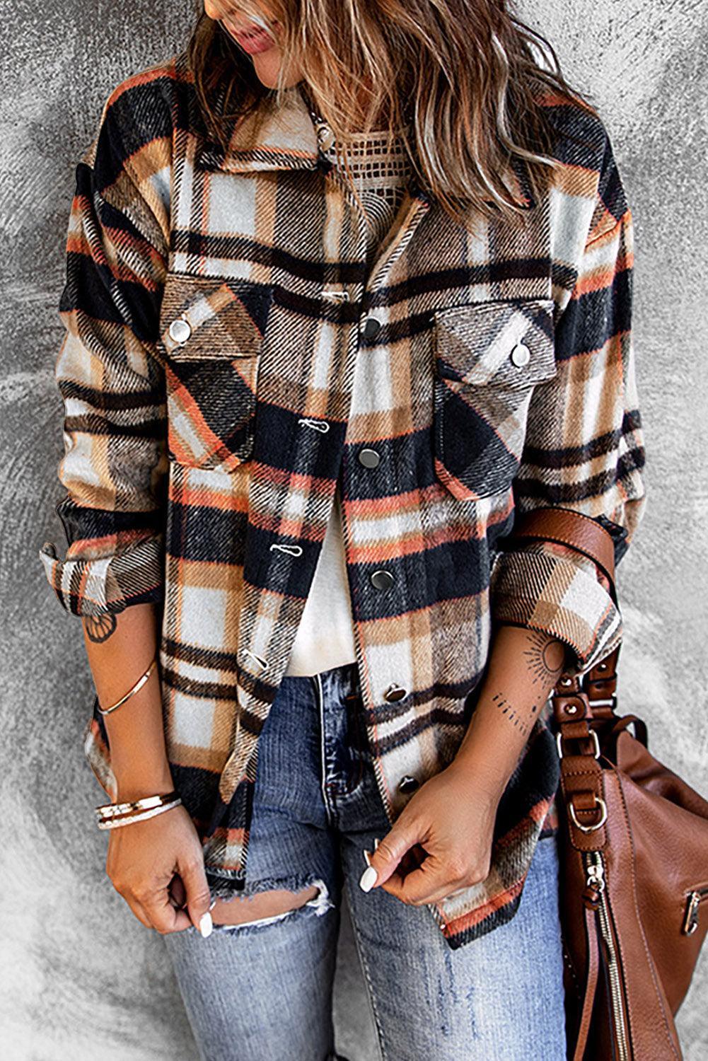 Double Take Plaid Button Front Shirt Jacket with Breast Pockets - ClubOn