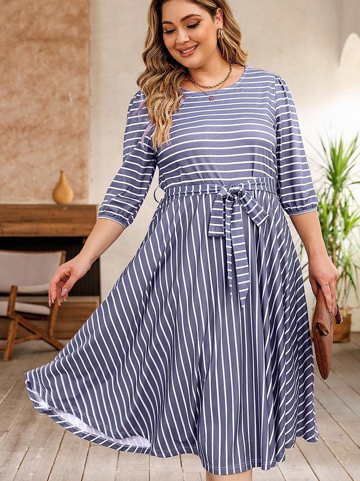 Plus Size Round Neck Striped Tie Waist Dress - ClubOn