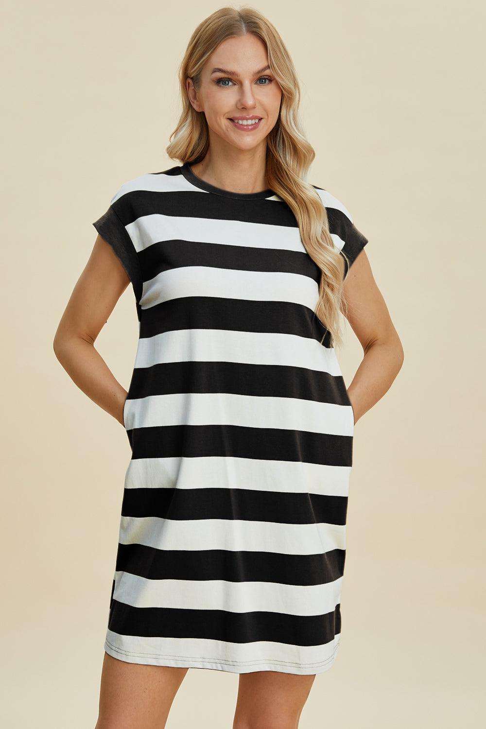 Basic Bae Full Size Striped Round Neck Cap Sleeve Mini Dress - ClubOn