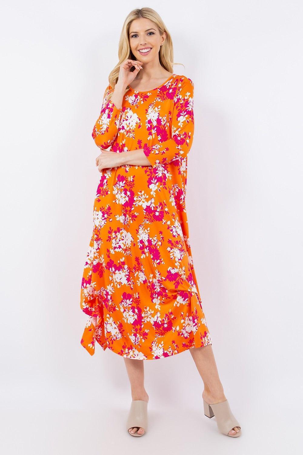 Celeste Full Size Pick-Up Hem Asymmetric Floral Midi Dress - ClubOn