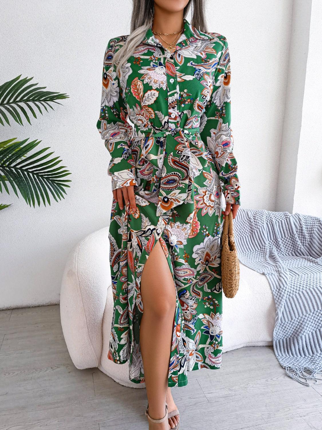 Tied Printed Long Sleeve Midi Dress - ClubOn