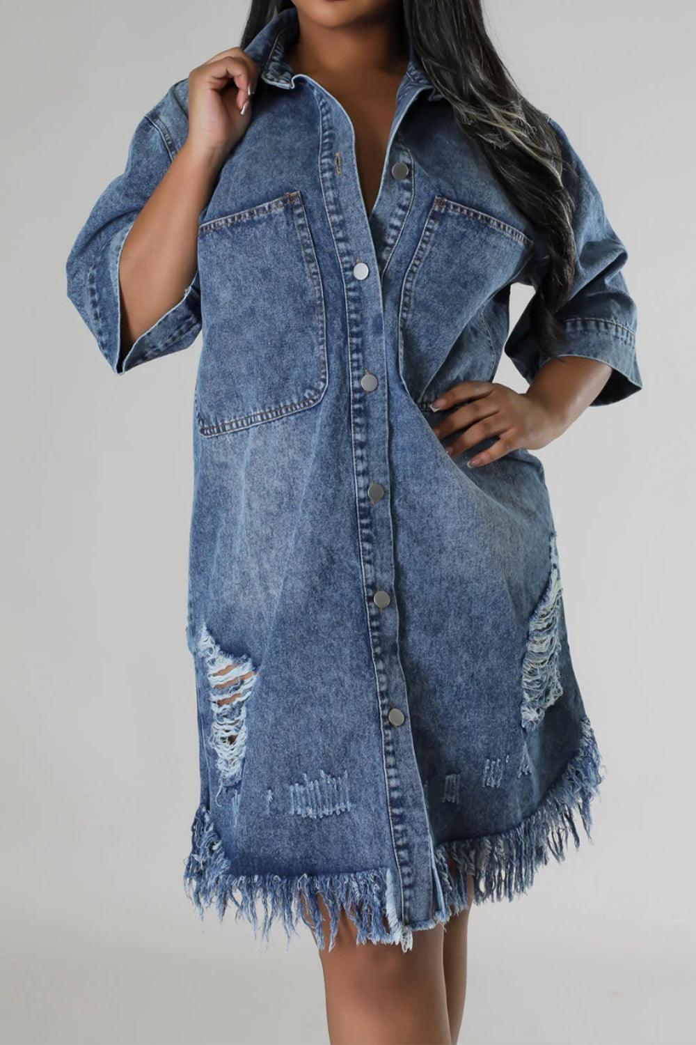 Distressed Raw Hem Button Up Denim Dress - ClubOn
