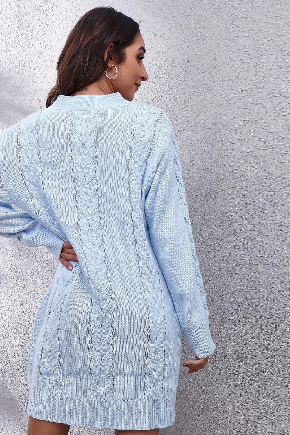 Cable-Knit Round Neck Sweater Dress - ClubOn