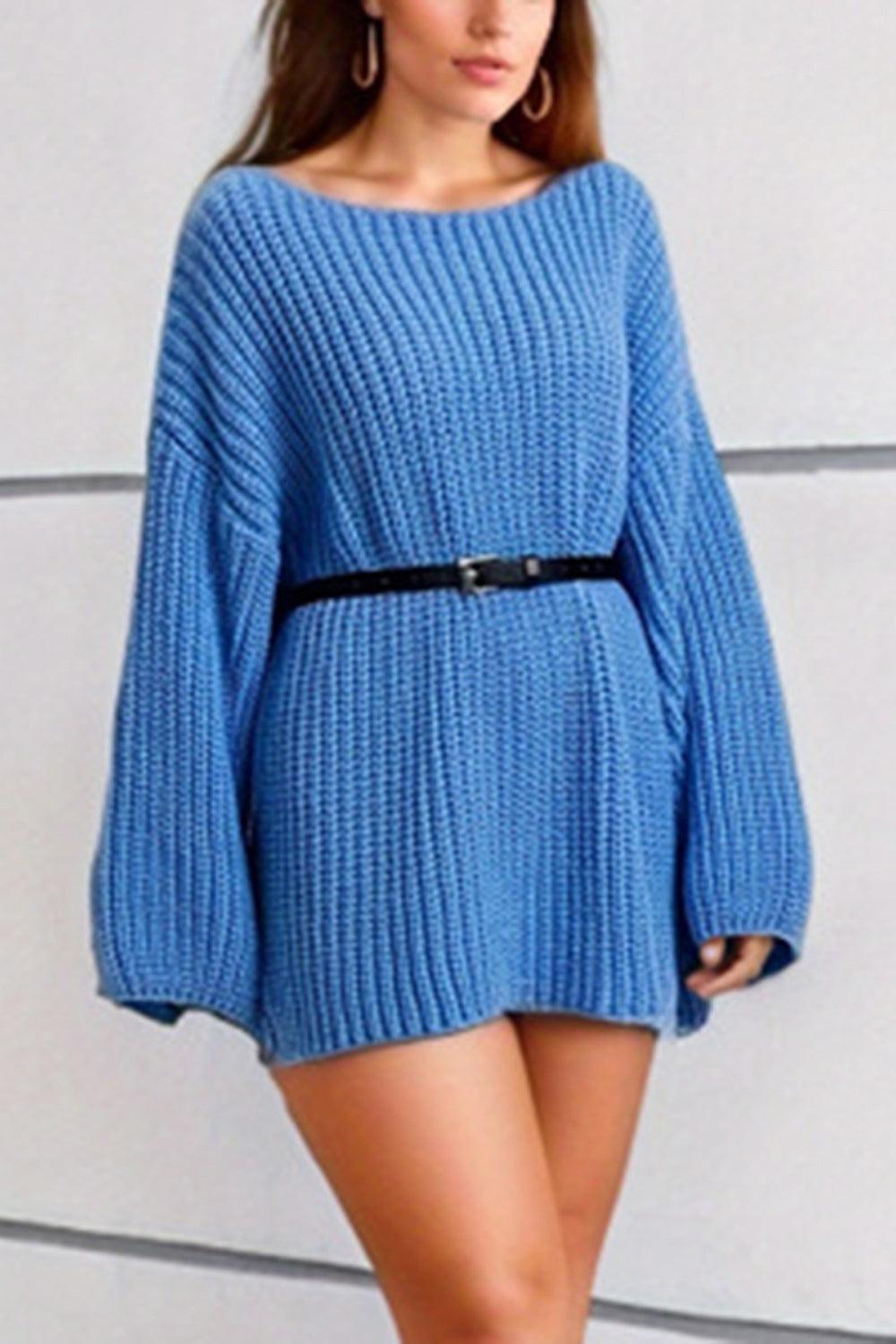 Boat Neck Dropped Shoulder Mini Sweater Dress - ClubOn