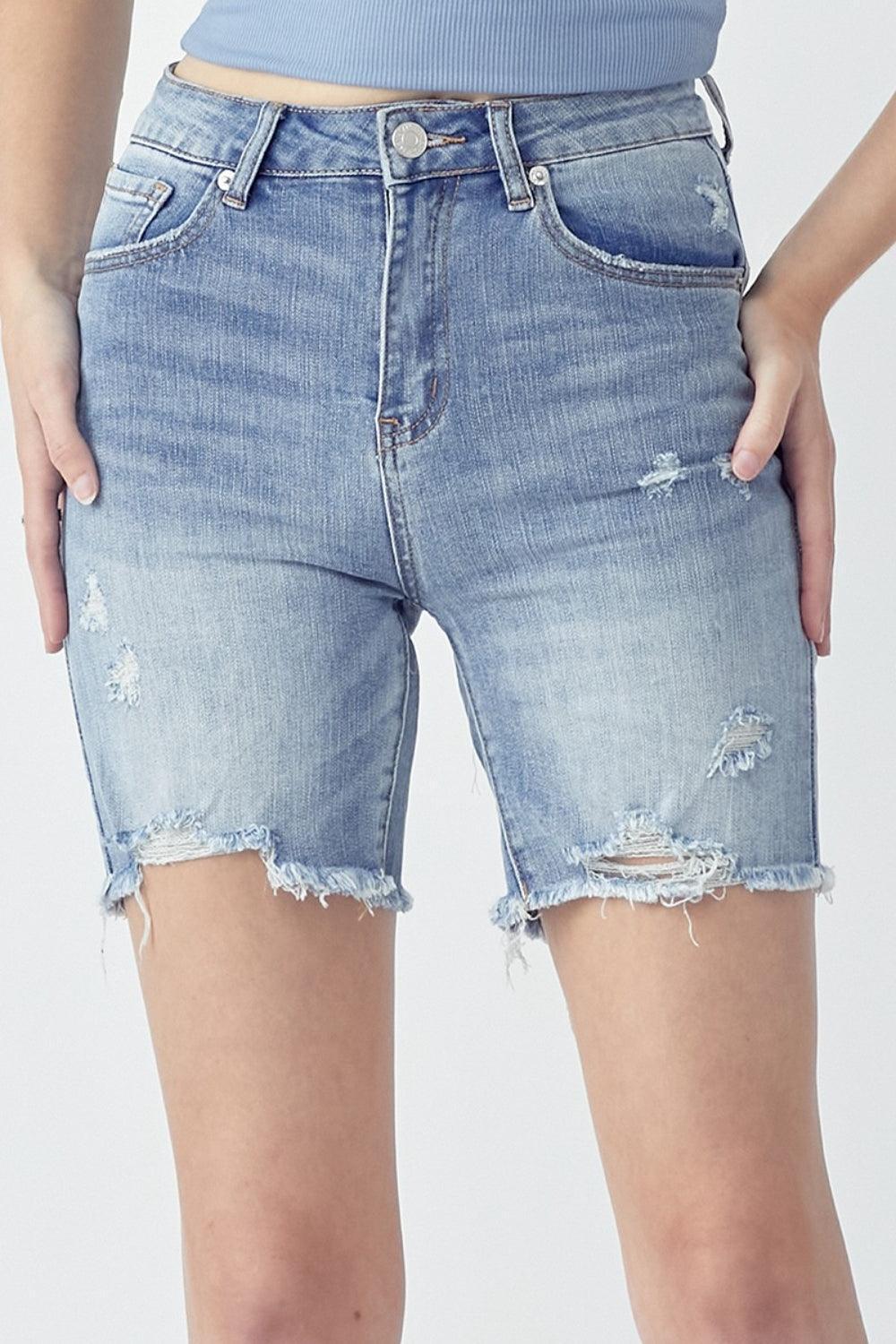 RISEN High Rise Distressed Denim Shorts - ClubOn
