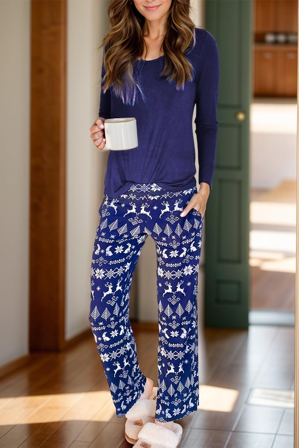 Round Neck Long Sleeve Top and Printed Pants Lounge Set - ClubOn