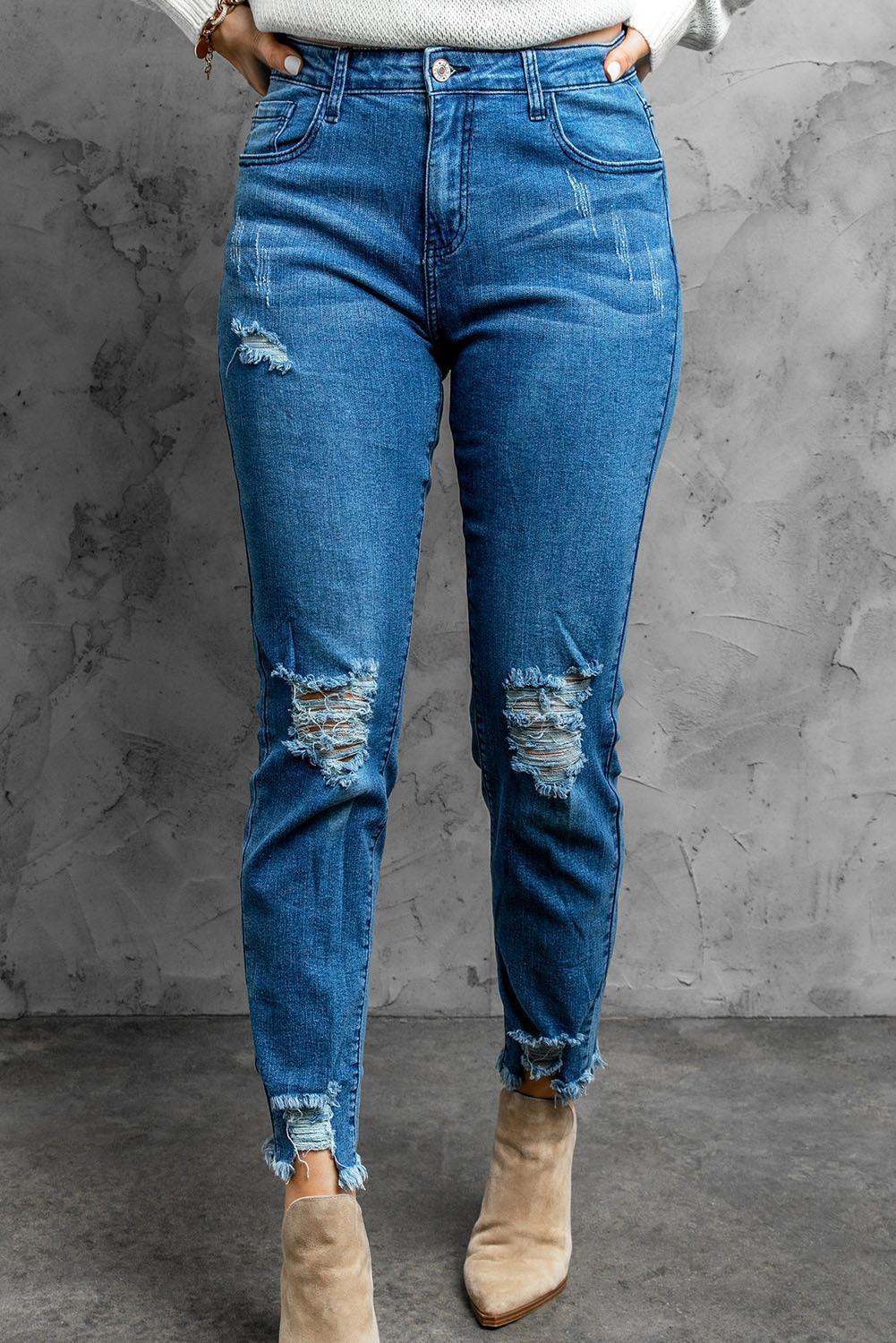Stylish Distressed Cropped Jeans - ClubOn