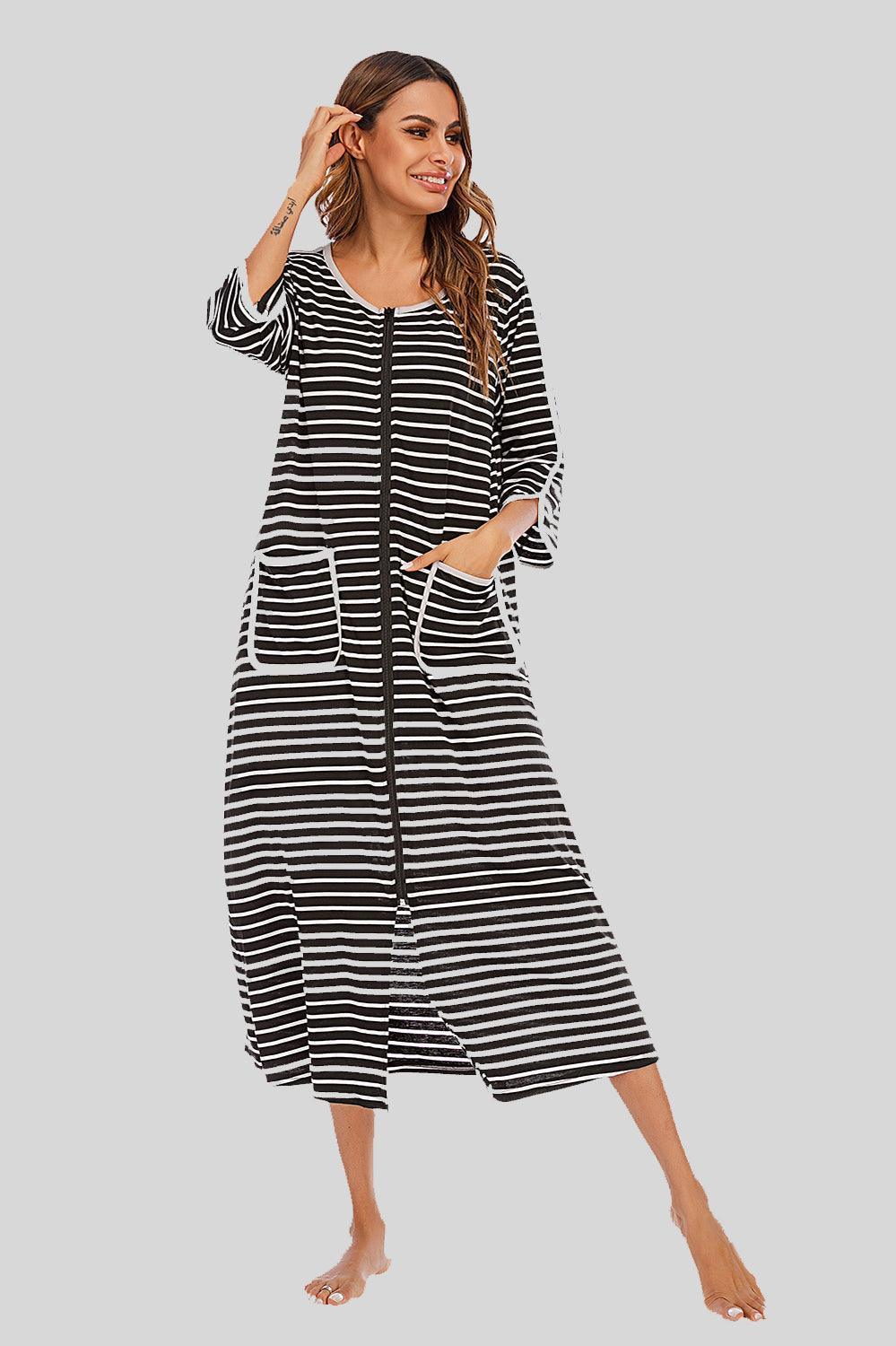 Round Neck Three-Quarter Sleeve Midi Night Dress - ClubOn
