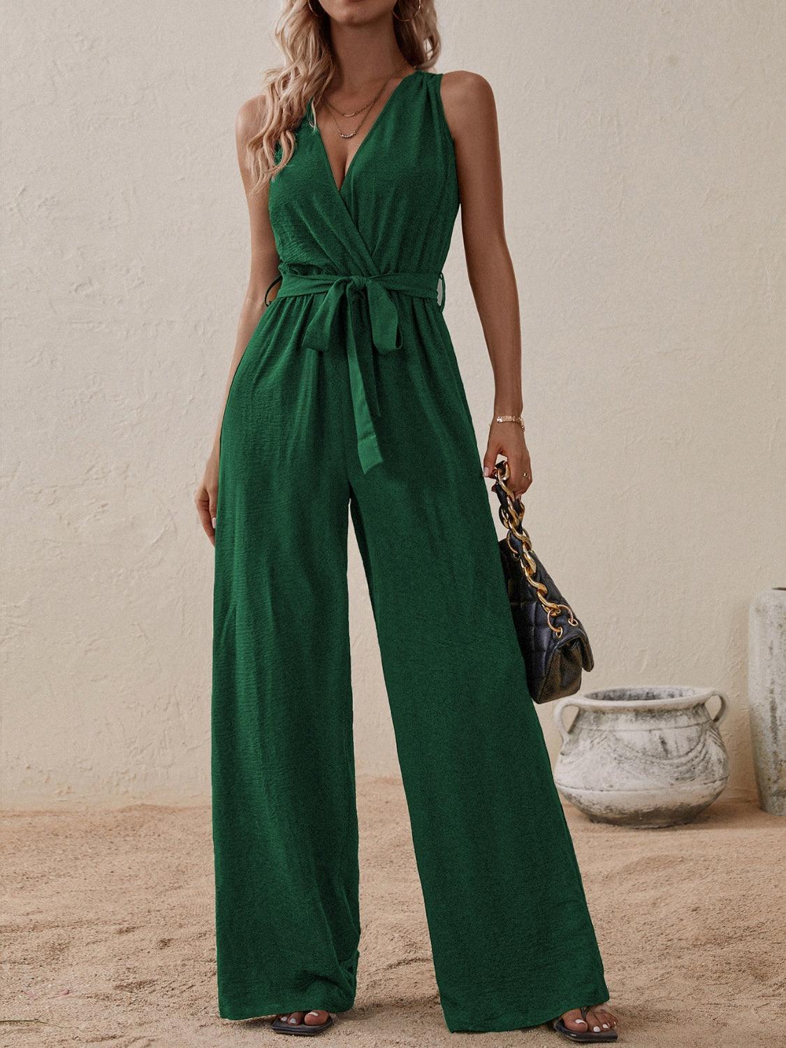 Honey Tied Surplice Sleeveless Wide Leg Jumpsuit - ClubOn