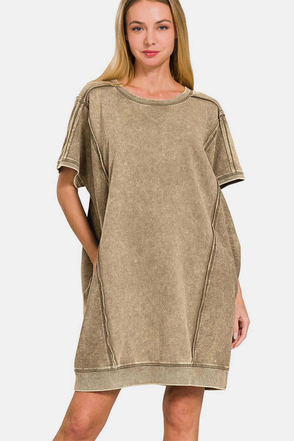Zenana Washed Exposed Seam Mini Tee Dress - ClubOn