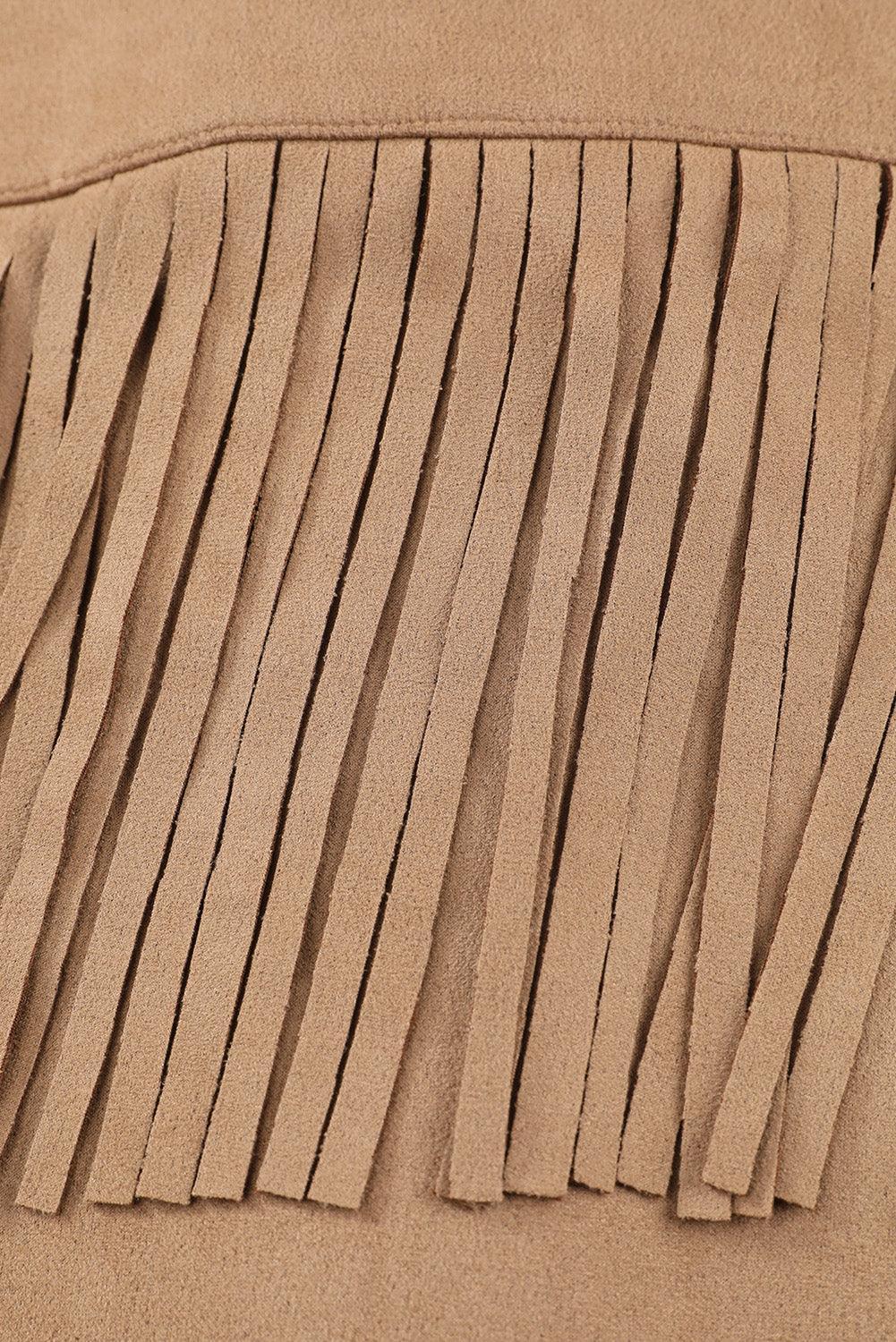 Plus Size Fringe Trim Snap Down Long Sleeve Shacket - ClubOn