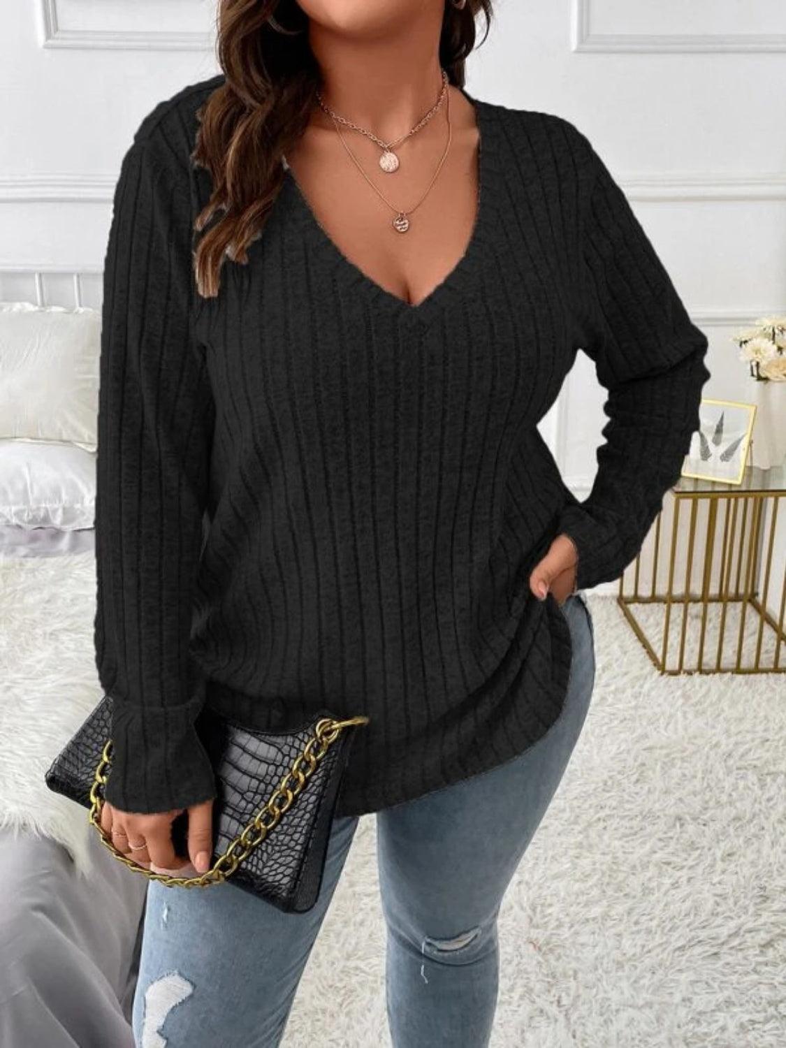Plus Size V-Neck Long Sleeve T-Shirt - ClubOn