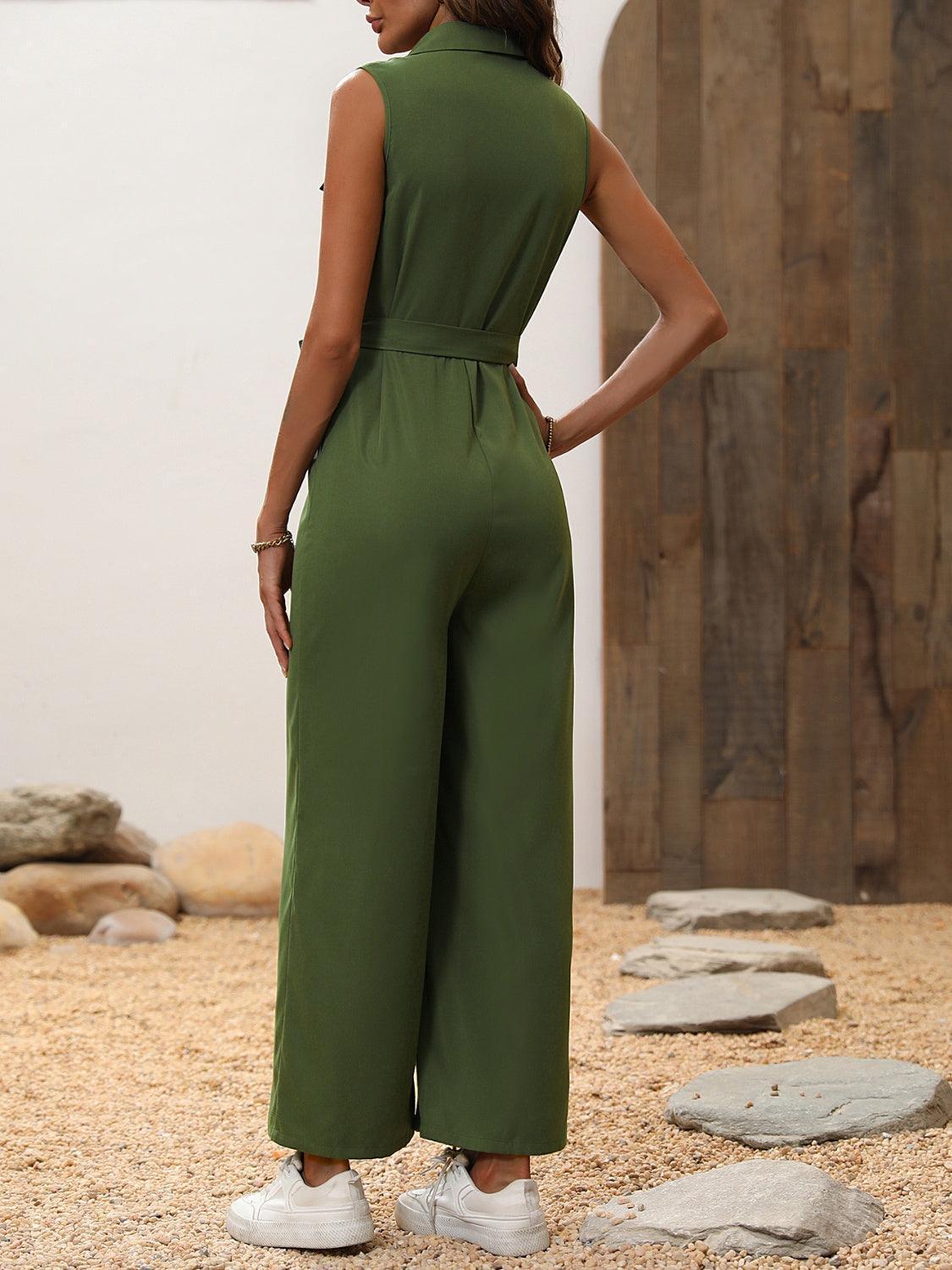 Honey Tie Waist Sleeveless Wide Leg Jumpsuit - ClubOn