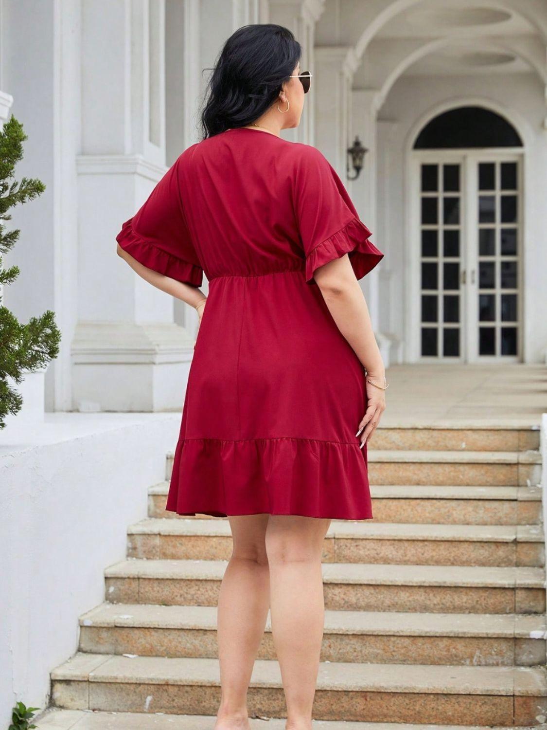 Plus Size Ruched Surplice Flounce Sleeve Mini Dress - ClubOn